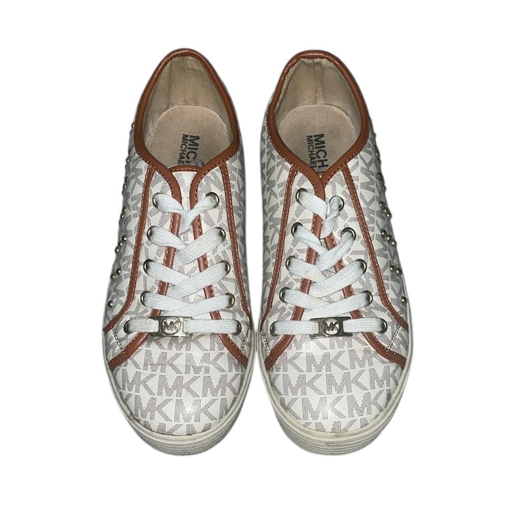 Michael Kors White and Brown Monogram Studded Sneakers